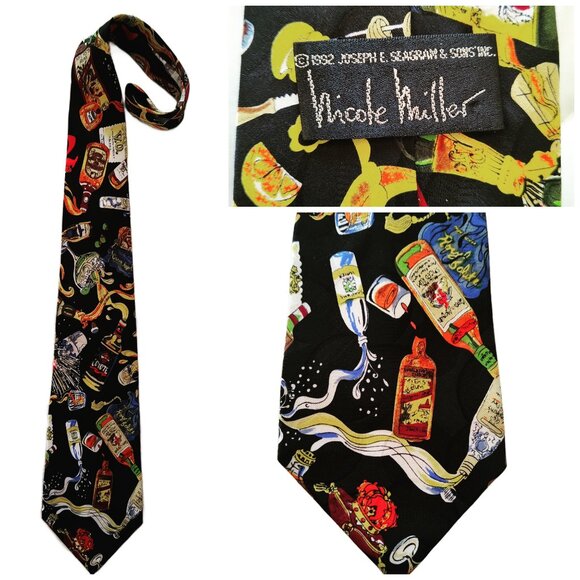 Vintage 1992 Nicole Miller Silk Tie Seagram's Liquor Print Bottles Cocktails - Picture 1 of 7